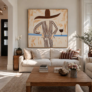 Striped Figure with a Sweeping Hat and Goblet Wall Art styled interior scene 2 | OILDECO