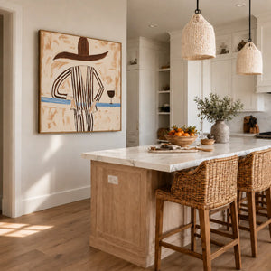 Striped Figure with a Sweeping Hat and Goblet Wall Art styled interior scene 3 | OILDECO