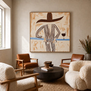 Striped Figure with a Sweeping Hat and Goblet Wall Art styled interior scene 5 | OILDECO