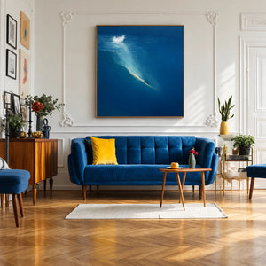 Diver beneath a White Splash in Deep Blue Wall Art styled interior scene 1 | OILDECO