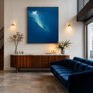 Diver beneath a White Splash in Deep Blue Wall Art styled interior scene 2 | OILDECO