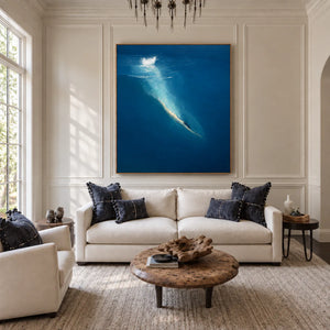 Diver beneath a White Splash in Deep Blue Wall Art styled interior scene 5 | OILDECO