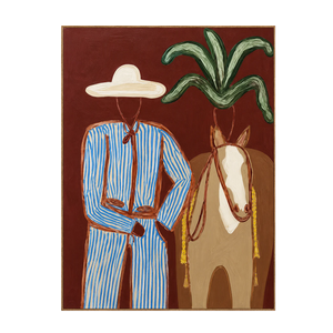 Blue-Striped Cowboy beside a Tan Horse Wall Art | OILDECO