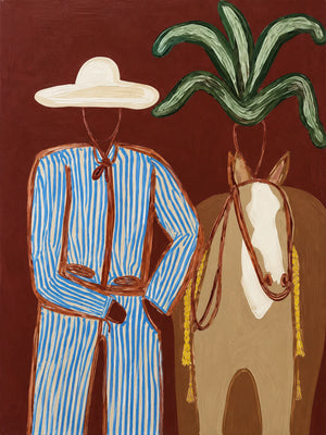 Blue-Striped Cowboy beside a Tan Horse Wall Art artwork view | OILDECO