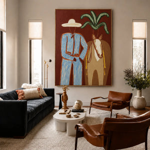 Blue-Striped Cowboy beside a Tan Horse Wall Art styled interior scene 1 | OILDECO