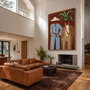 Blue-Striped Cowboy beside a Tan Horse Wall Art styled interior scene 2 | OILDECO