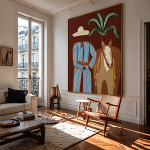 Blue-Striped Cowboy beside a Tan Horse Wall Art styled interior scene 4 | OILDECO