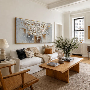 White Blossom Canopy with a Golden Trunk Wall Art styled interior scene 1 | OILDECO