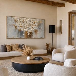 White Blossom Canopy with a Golden Trunk Wall Art styled interior scene 2 | OILDECO