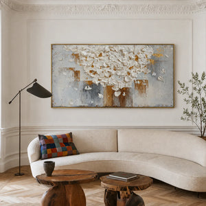 White Blossom Canopy with a Golden Trunk Wall Art styled interior scene 3 | OILDECO
