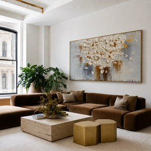 White Blossom Canopy with a Golden Trunk Wall Art styled interior scene 5 | OILDECO