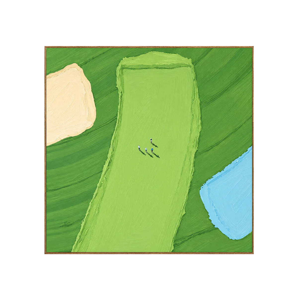 Tiny Golfers on a Lime Fairway beside Blue Water Wall Art