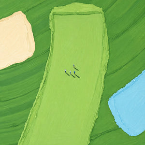 Tiny Golfers on a Lime Fairway beside Blue Water Wall Art artwork view | OILDECO