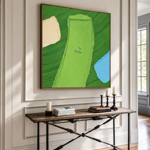 Tiny Golfers on a Lime Fairway beside Blue Water Wall Art styled interior scene 1 | OILDECO