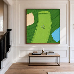 Tiny Golfers on a Lime Fairway beside Blue Water Wall Art styled interior scene 2 | OILDECO