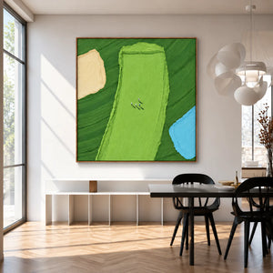 Tiny Golfers on a Lime Fairway beside Blue Water Wall Art styled interior scene 3 | OILDECO
