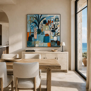 Blue Atelier Floral Wall Art displayed above a sofa in a neutral interior | Oildeco