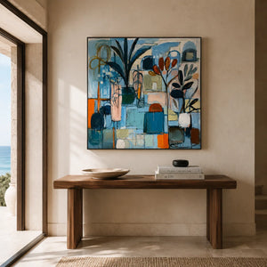 Blue Atelier Floral Wall Art styled in a contemporary entryway | Oildeco