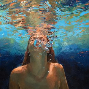 Underwater Swimmer beneath Golden Ripples Wall Art artwork view | OILDECO
