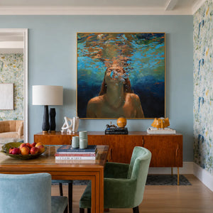 Underwater Swimmer beneath Golden Ripples Wall Art styled interior scene 1 | OILDECO