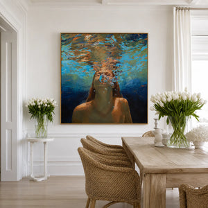 Underwater Swimmer beneath Golden Ripples Wall Art styled interior scene 2 | OILDECO