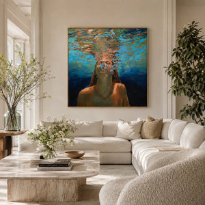 Underwater Swimmer beneath Golden Ripples Wall Art styled interior scene 3 | OILDECO