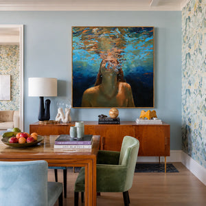 Underwater Swimmer beneath Golden Ripples Wall Art styled interior scene 4 | OILDECO