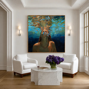 Underwater Swimmer beneath Golden Ripples Wall Art styled interior scene 5 | OILDECO