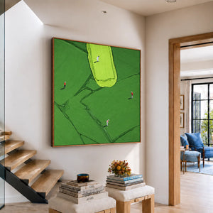 Four Golfers among Broad Green Brushstrokes Wall Art styled interior scene 5 | OILDECO