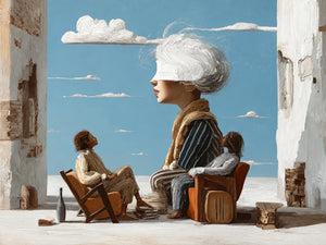White-Haired Dreamer on a Blue-Sky Terrace Wall Art artwork view | OILDECO