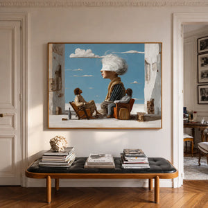 White-Haired Dreamer on a Blue-Sky Terrace Wall Art styled interior scene 1 | OILDECO