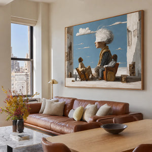White-Haired Dreamer on a Blue-Sky Terrace Wall Art styled interior scene 2 | OILDECO