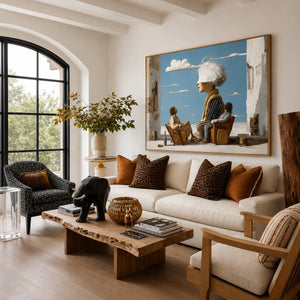 White-Haired Dreamer on a Blue-Sky Terrace Wall Art styled interior scene 3 | OILDECO