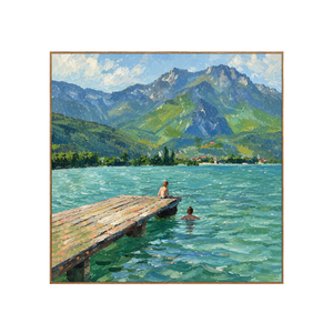 Swimmers by a Jetty on a Mountain Lake Wall Art | OILDECO