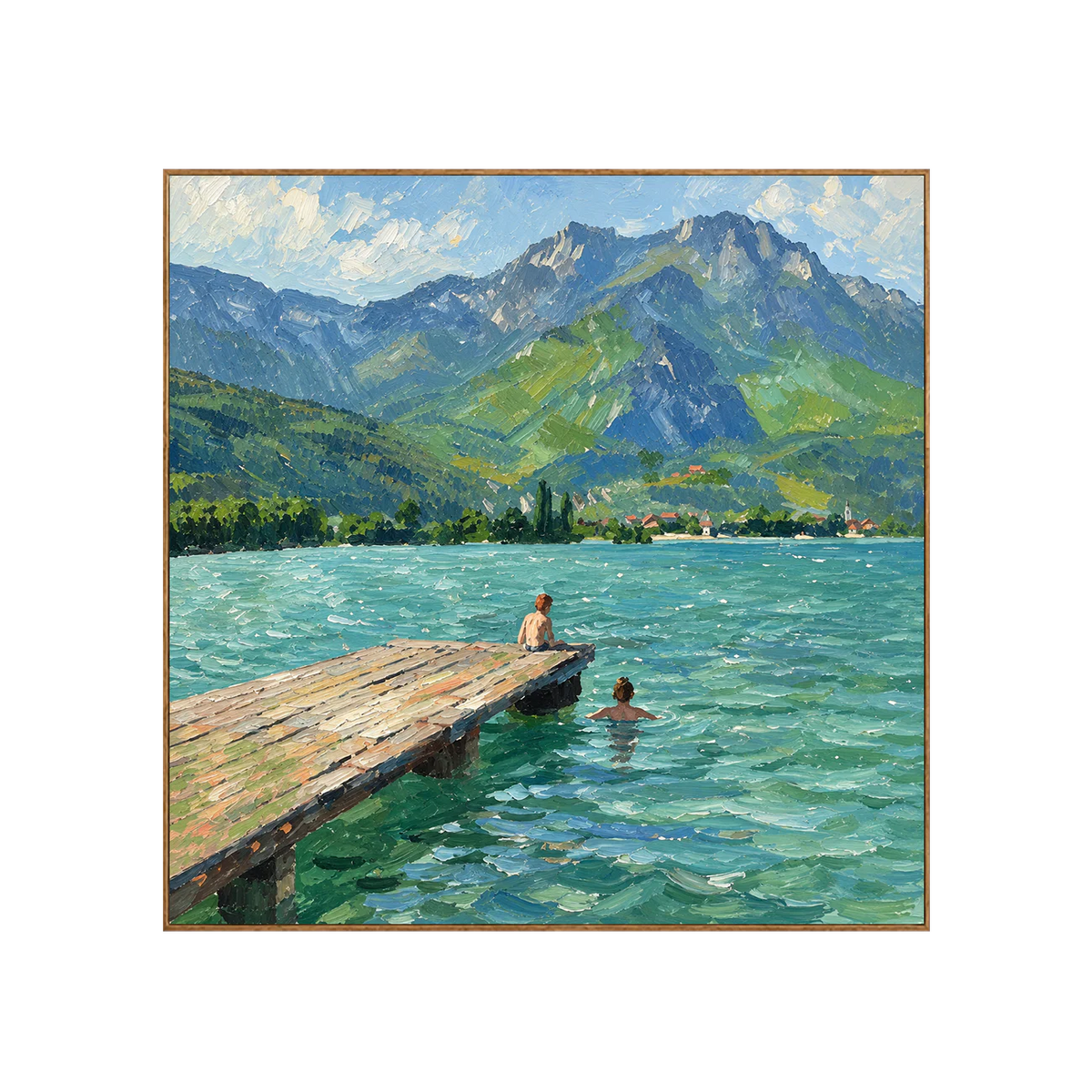 Swimmers by a Jetty on a Mountain Lake Wall Art