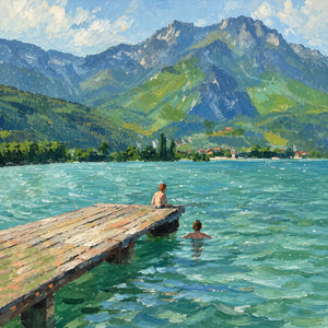 Swimmers by a Jetty on a Mountain Lake Wall Art artwork view | OILDECO