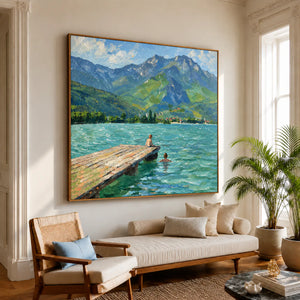 Swimmers by a Jetty on a Mountain Lake Wall Art styled interior scene 1 | OILDECO