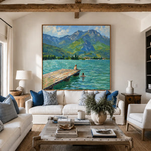 Swimmers by a Jetty on a Mountain Lake Wall Art styled interior scene 2 | OILDECO