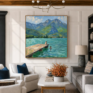 Swimmers by a Jetty on a Mountain Lake Wall Art styled interior scene 3 | OILDECO