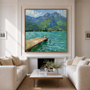 Swimmers by a Jetty on a Mountain Lake Wall Art styled interior scene 4 | OILDECO