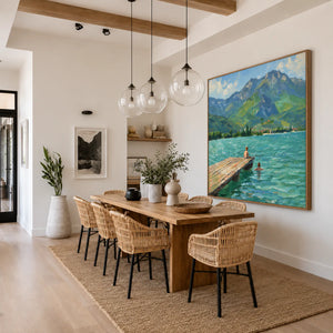 Swimmers by a Jetty on a Mountain Lake Wall Art styled interior scene 5 | OILDECO