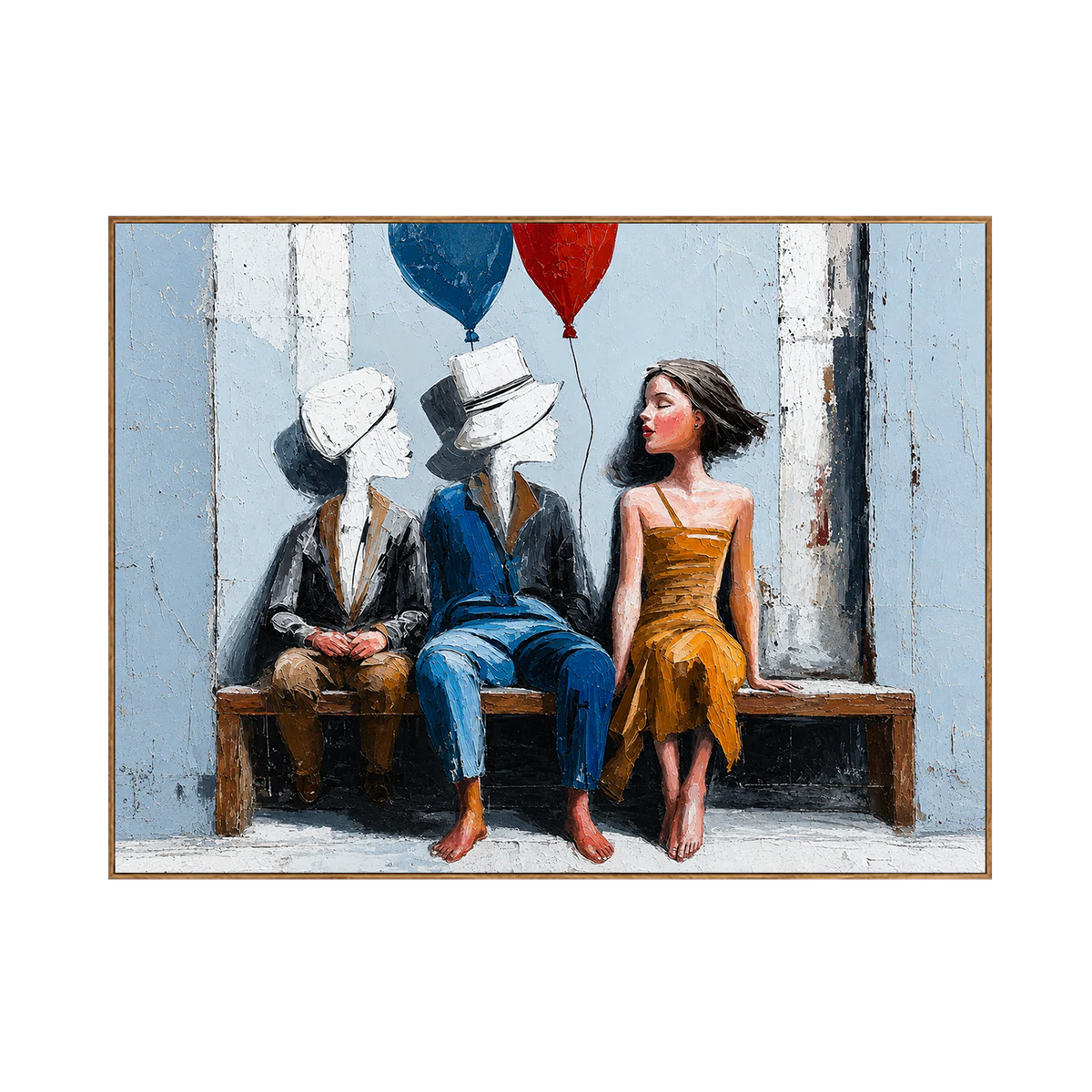 Bench Companions with Red and Blue Balloons Wall Art