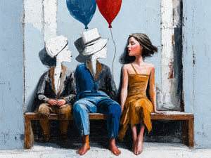 Bench Companions with Red and Blue Balloons Wall Art artwork view | OILDECO