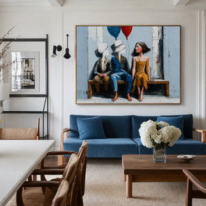 Bench Companions with Red and Blue Balloons Wall Art styled interior scene 1 | OILDECO