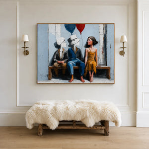 Bench Companions with Red and Blue Balloons Wall Art styled interior scene 2 | OILDECO