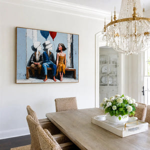 Bench Companions with Red and Blue Balloons Wall Art styled interior scene 3 | OILDECO