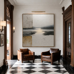 Quiet River Passage in Ivory and Charcoal Wall Art styled interior scene 2 | OILDECO