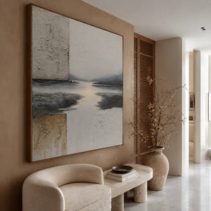 Quiet River Passage in Ivory and Charcoal Wall Art styled interior scene 3 | OILDECO