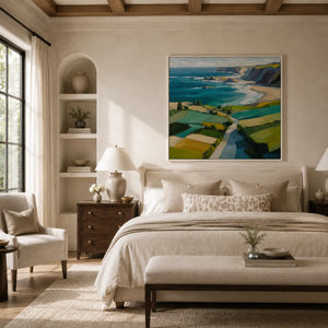 Turquoise Cliffs Coastal Wall Art styled in a modern living room | Oildeco