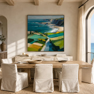 Turquoise Cliffs Coastal Wall Art displayed above a sofa in a neutral interior | Oildeco
